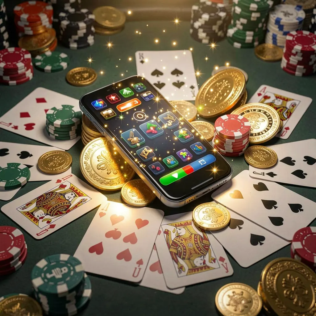 TKK889 mobile gaming application concept showing a smartphone surrounded by playing cards, roulette chips, gold coins, and sparkling lights in a premium casino style