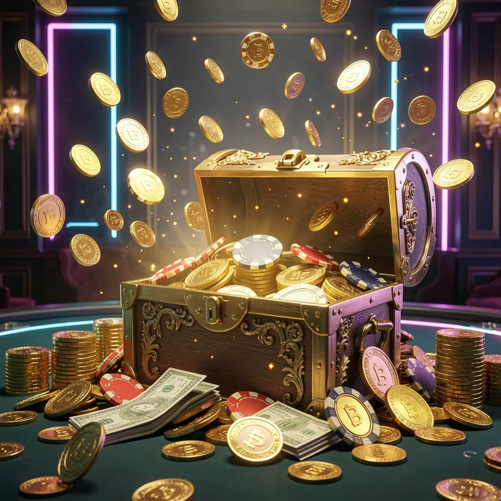 TKK889 premium online casino bonus banner featuring golden coins flying in the air and a glowing treasure chest full of chips and cash against a luxury dark background with neon accents in an elegant casino style