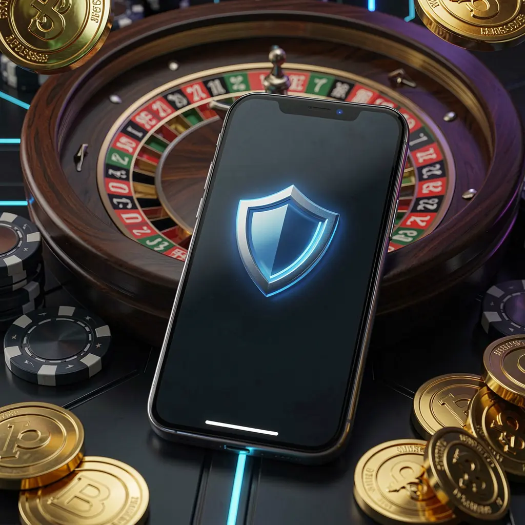 Secure mobile casino access on a phone screen featuring a shield icon, with a roulette wheel, poker chips, and golden coins in the background, set in a dark cyber luxury atmosphere representing TKK889