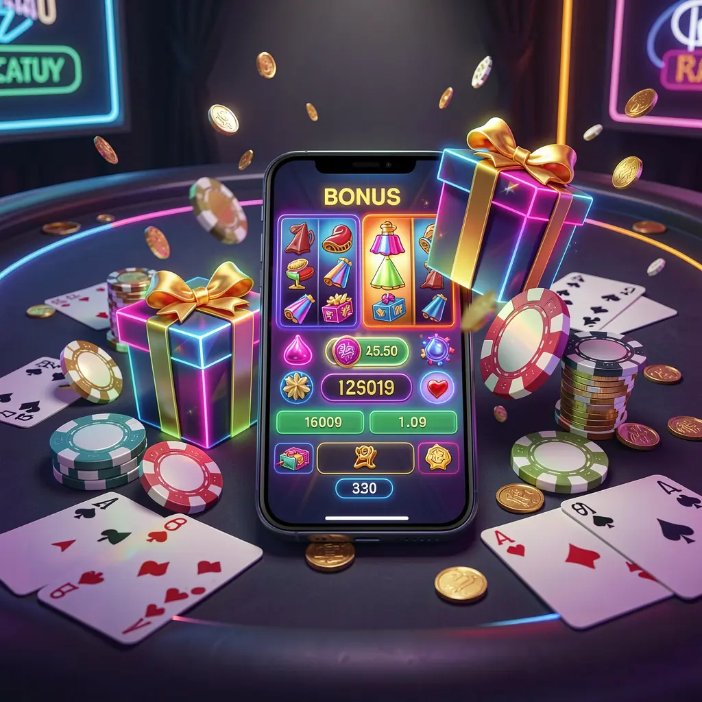 Modern casino website hero scene featuring a smartphone with a glowing interface surrounded by a bonus gift box, chips, coins, and playing cards in a premium neon casino style, showcasing TKK889's responsible gaming platform